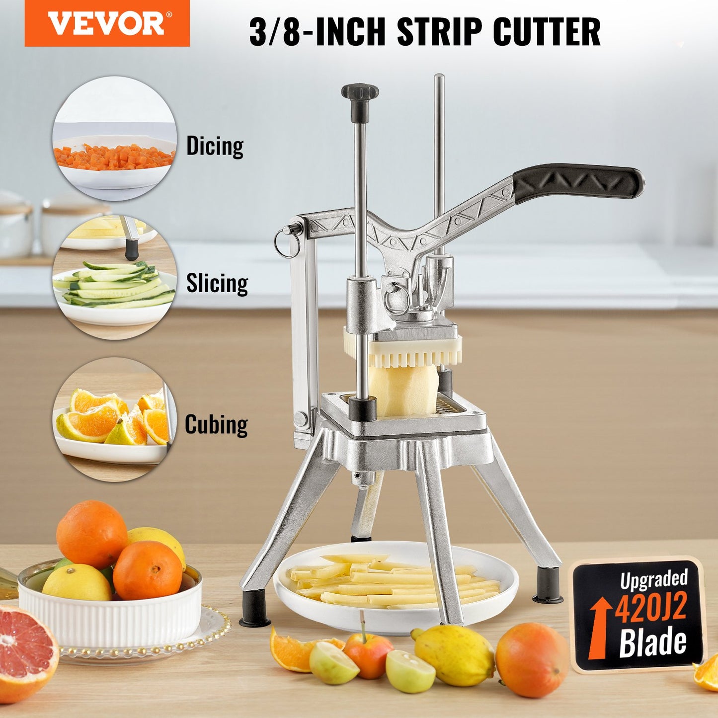 Commercial Vegetable Fruit Chopper 3/8″ Blade Heavy Duty Professional Food Dicer Kattex French Fry Cutter Onion Slicer Stainless Steel for Tomato Pepper Potato Mushroom Shredding