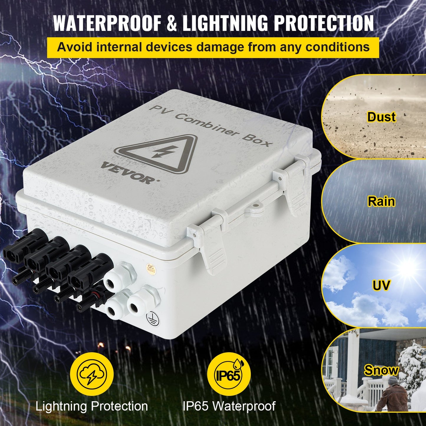 PV Combiner Box, 4-strängad, Solar Combiner Box med 15A märkströmsäkring, 63A effektbrytare, Lightning Arreste och Solar Connector, för On/Off Grid Solar Panel System, IP65 Vattentät