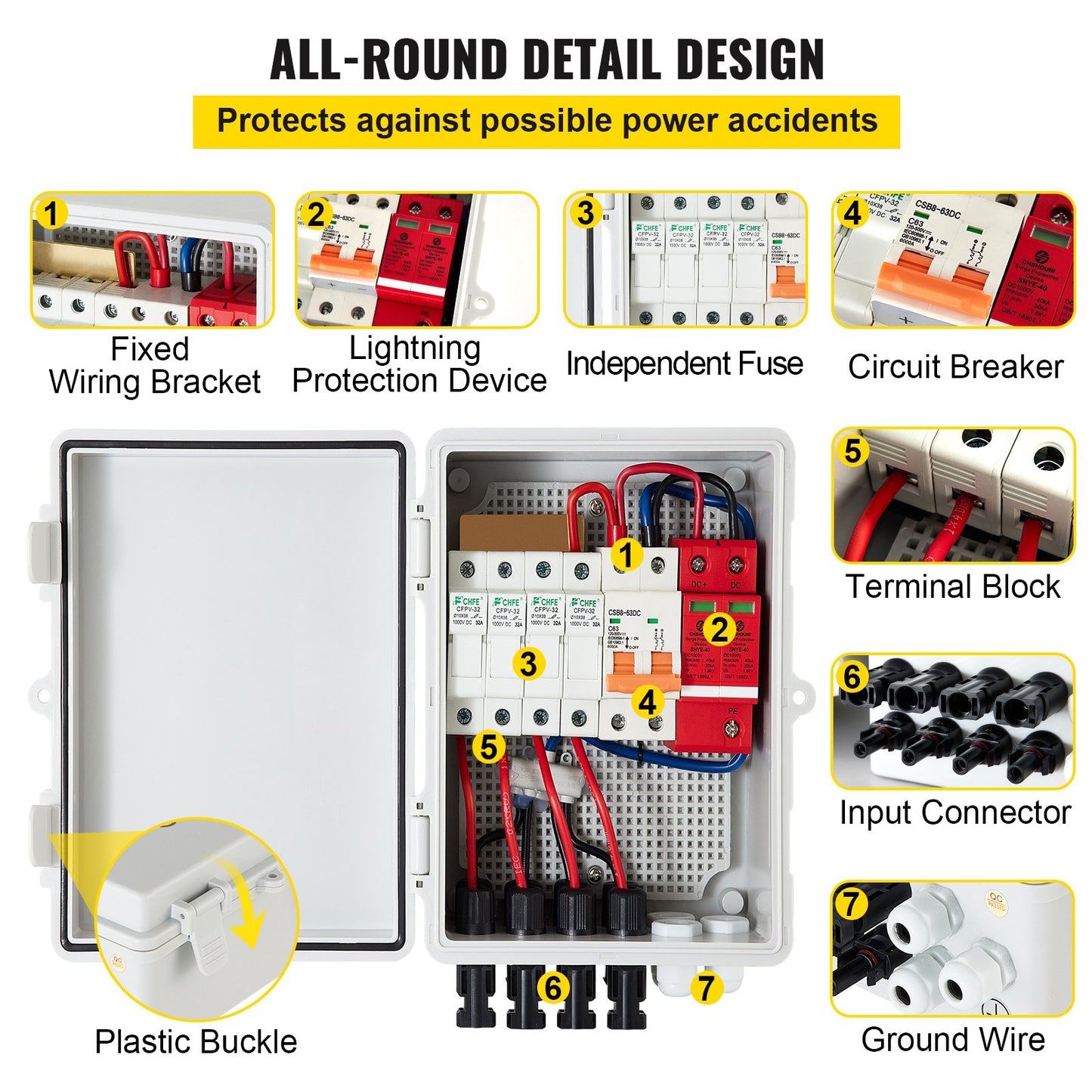 PV Combiner Box, 4-strängad, Solar Combiner Box med 15A märkströmsäkring, 63A effektbrytare, Lightning Arreste och Solar Connector, för On/Off Grid Solar Panel System, IP65 Vattentät