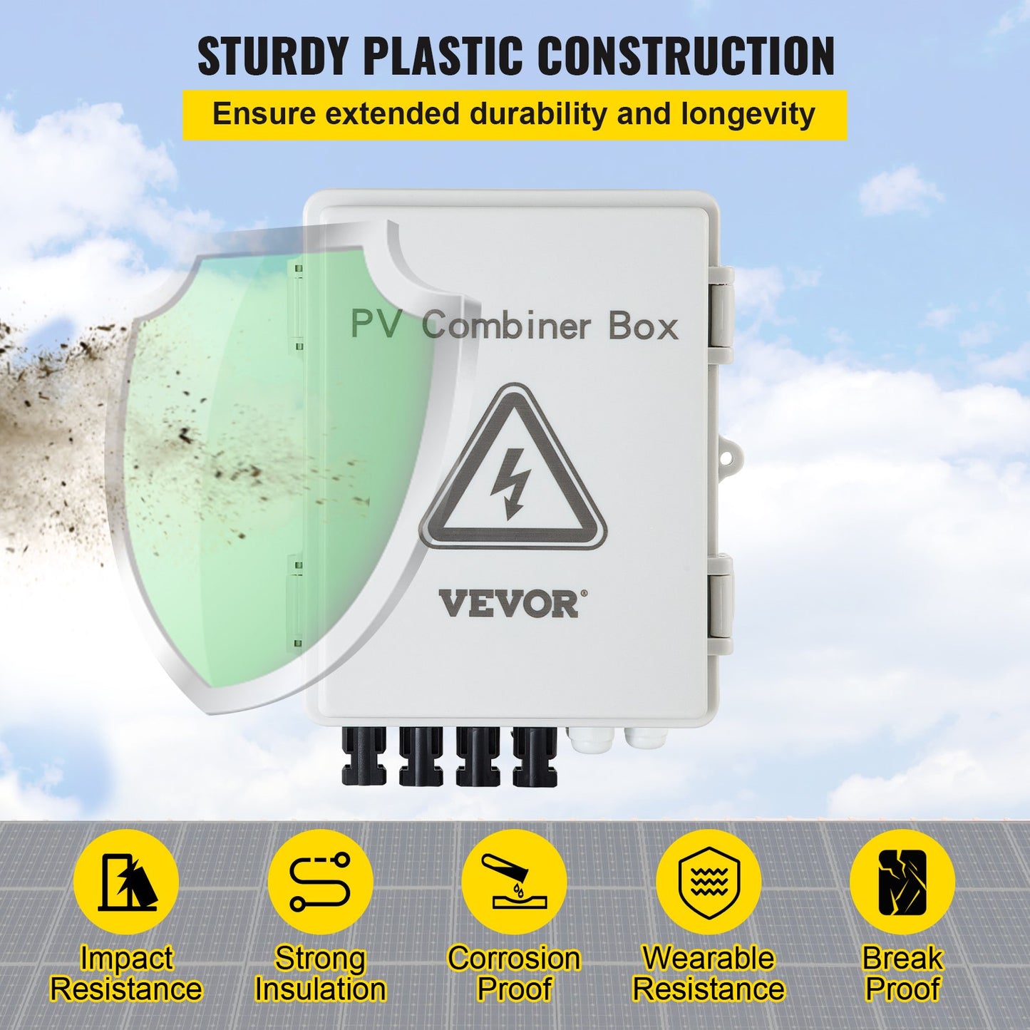 PV Combiner Box, 4-strängad, Solar Combiner Box med 15A märkströmsäkring, 63A effektbrytare, Lightning Arreste och Solar Connector, för On/Off Grid Solar Panel System, IP65 Vattentät