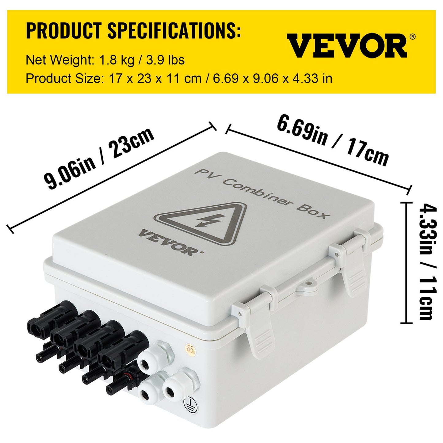 PV Combiner Box, 4-strängad, Solar Combiner Box med 15A märkströmsäkring, 63A effektbrytare, Lightning Arreste och Solar Connector, för On/Off Grid Solar Panel System, IP65 Vattentät