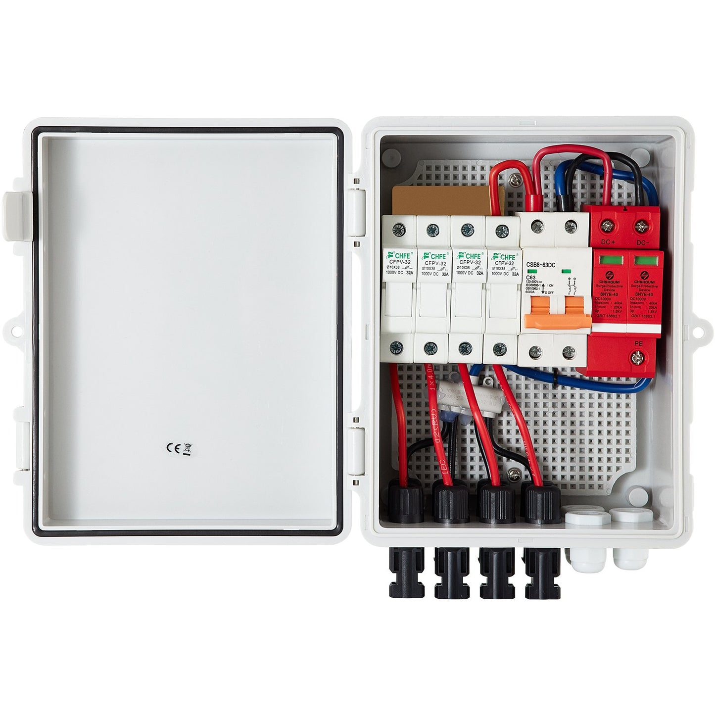 PV Combiner Box, 4-strängad, Solar Combiner Box med 15A märkströmsäkring, 63A effektbrytare, Lightning Arreste och Solar Connector, för On/Off Grid Solar Panel System, IP65 Vattentät