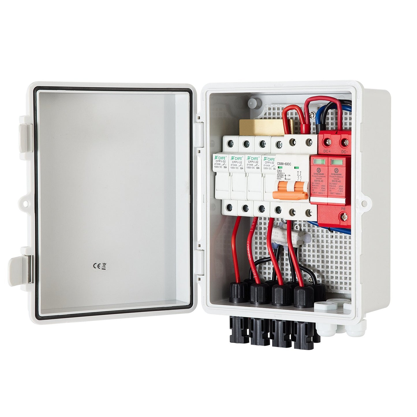 PV Combiner Box, 4-strängad, Solar Combiner Box med 15A märkströmsäkring, 63A effektbrytare, Lightning Arreste och Solar Connector, för On/Off Grid Solar Panel System, IP65 Vattentät