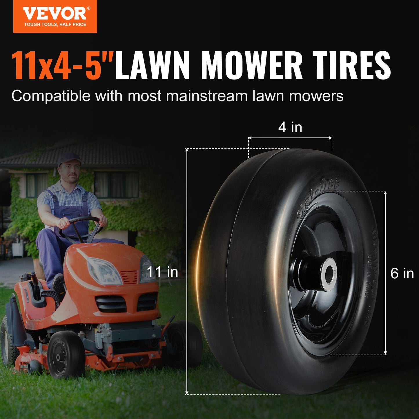 Lawnmower Tire with Rim, 11x4-7" Tubeless Tractor Tire, 2-Pack Tire and Wheel Assembly, Flat-Free PU Tire, 3.4" Centered Hub, 3/4" Bushing Size, 20pcs Adapters for Riding Mowers Lawn Tractors