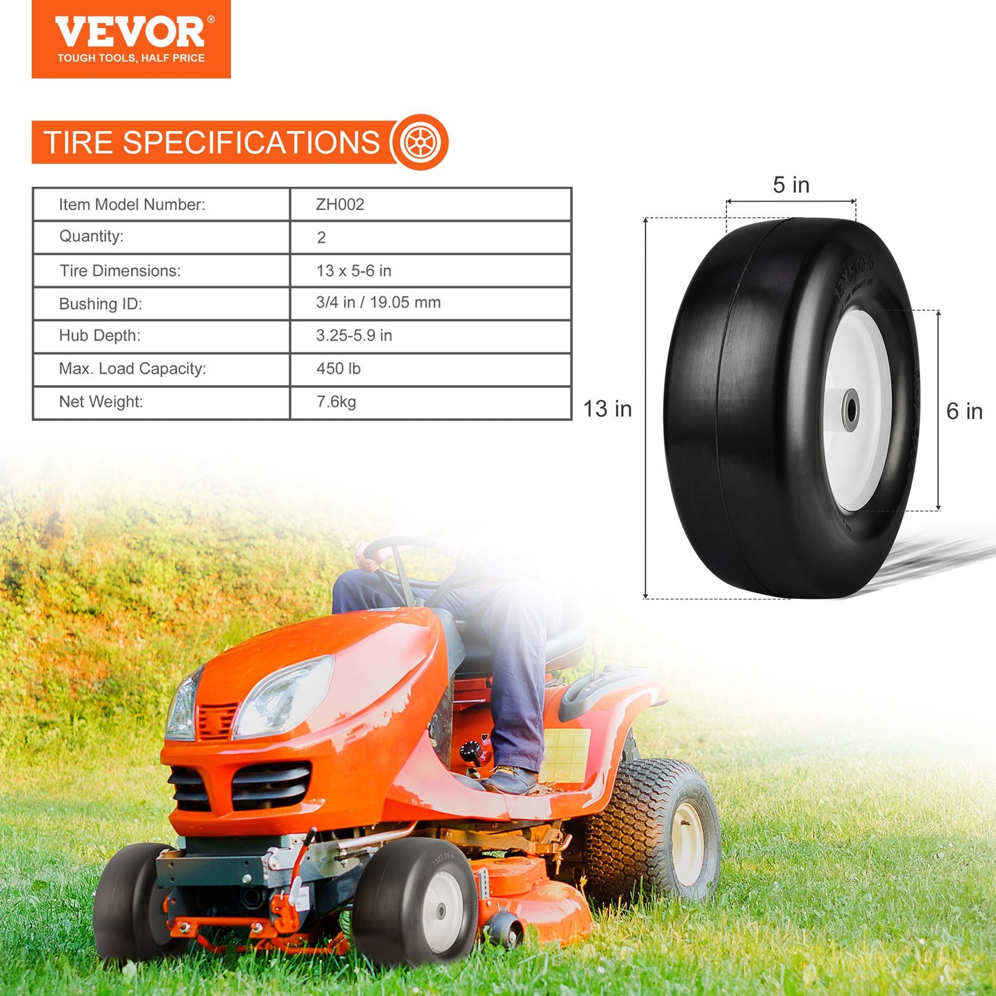 Gräsklippardäck med fälg, 13x5-6" Tubeless traktordäck, 2-pack däck och hjulenhet, plattfria PU-däck, 3,25"-5,9" centrerat nav, 3/4" bussningsstorlek, 20 ST adapter för gräsklippare traktorer