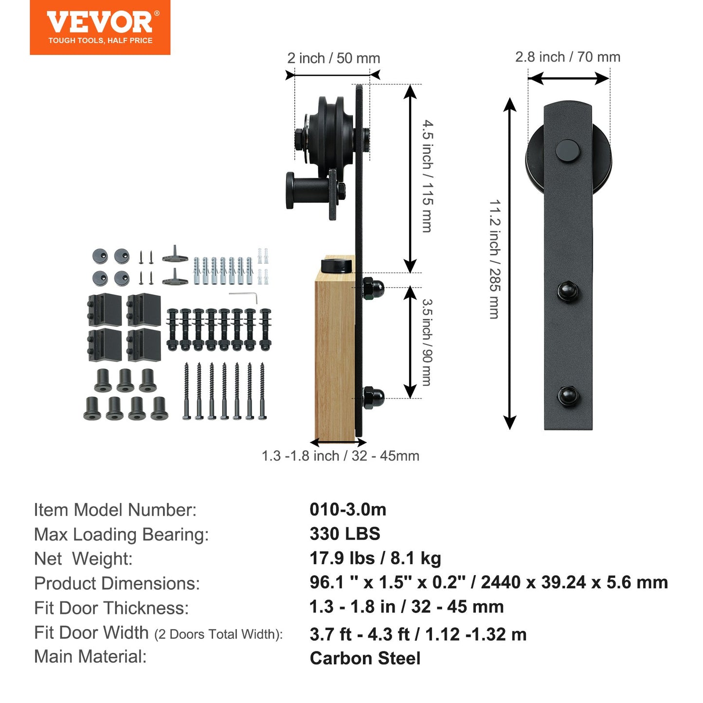 2,44 m Schiebetür-Hardware-Set, 149 kg schweres Scheunentor-Schienenset für Doppeltüren, passend für 1,1–1,3 m breite und 3,3–4,6 cm dicke 2-Tür-Paneele, mit glatter und leiser Rolle (I-Form)