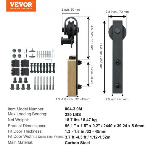 8FT Sliding Lading Door Hardware Kit, 330LBS Heavy Duty Ladugårdsdörr Track Kit för dubbeldörrar, Passar 3,7-4,3FT totalt bred och 1,3"-1,8" tjock 2-dörrarspanel, med jämn och tyst remskiva (J-form) | EU