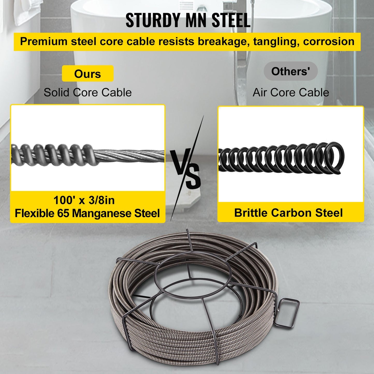 Drain Cleaning Cable 100ft x 3/8 Inch Solid Core Cable Drain Cable Drain Auger Cable Cleaner Snake Clogged Pipe Drain Cleaning Cable Drain Drain Auger Snake Pipe