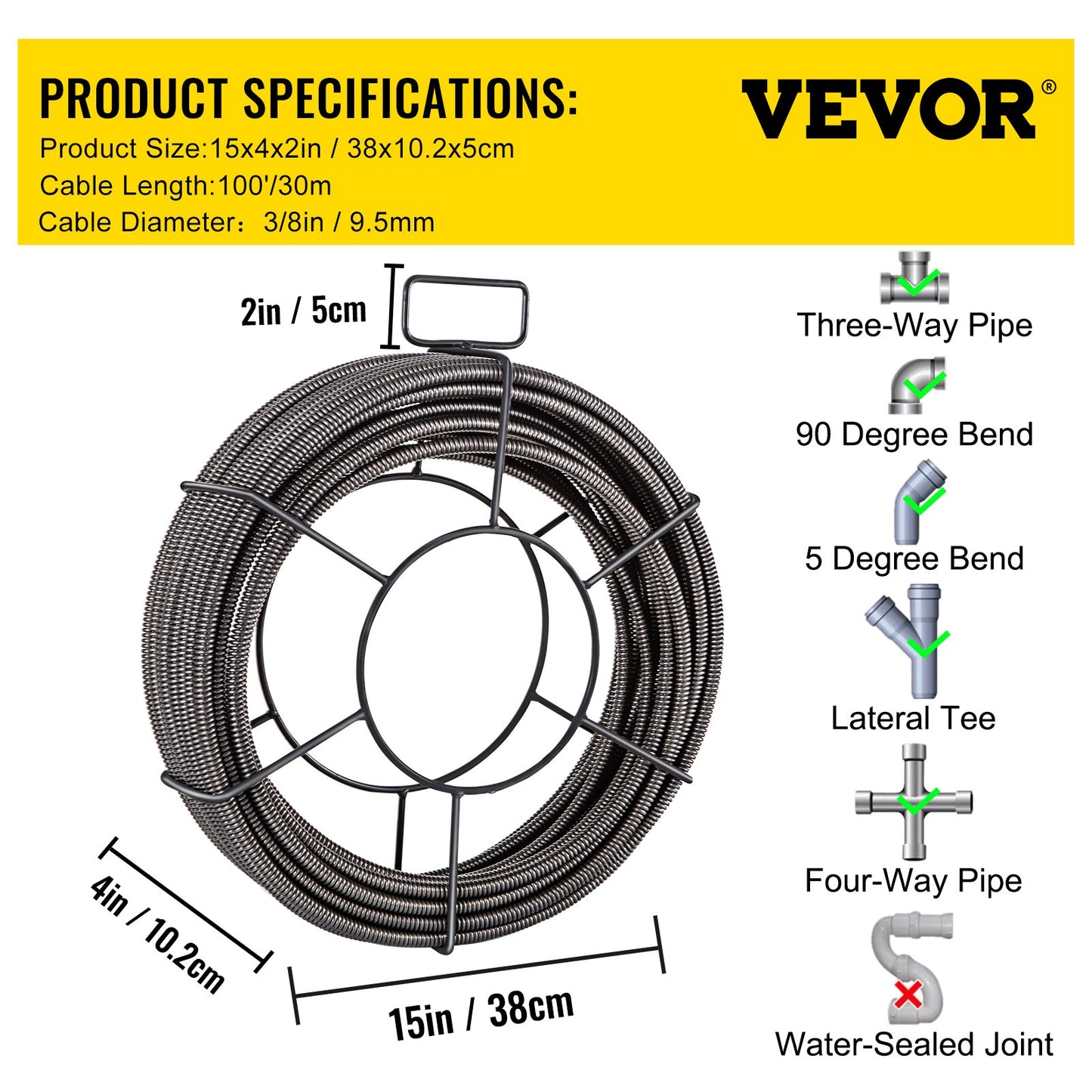 Drain Cleaning Cable 100ft x 3/8 Inch Solid Core Cable Drain Cable Drain Auger Cable Cleaner Snake Clogged Pipe Drain Cleaning Cable Drain Drain Auger Snake Pipe