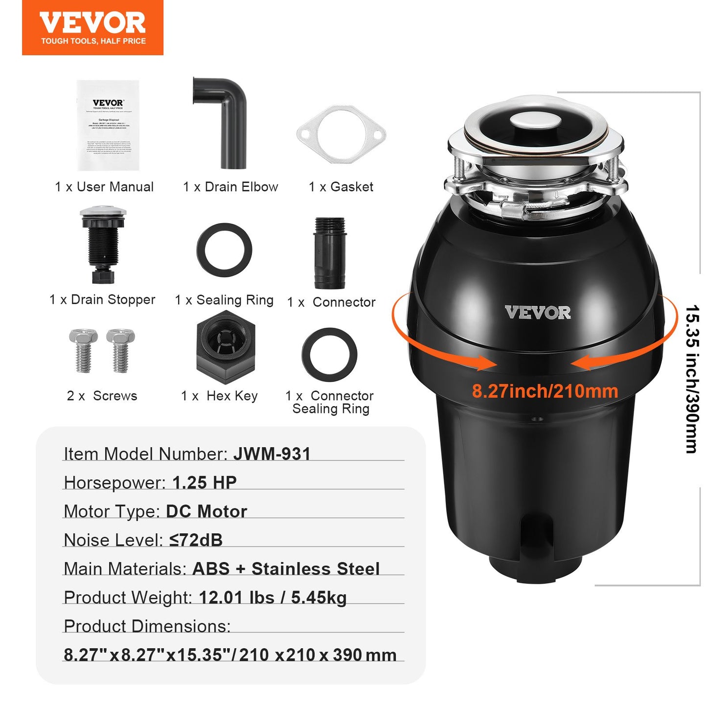 Garbage Disposal 1.25 HP Continuous Food Waste Disposal 4060RPM EZ Connect