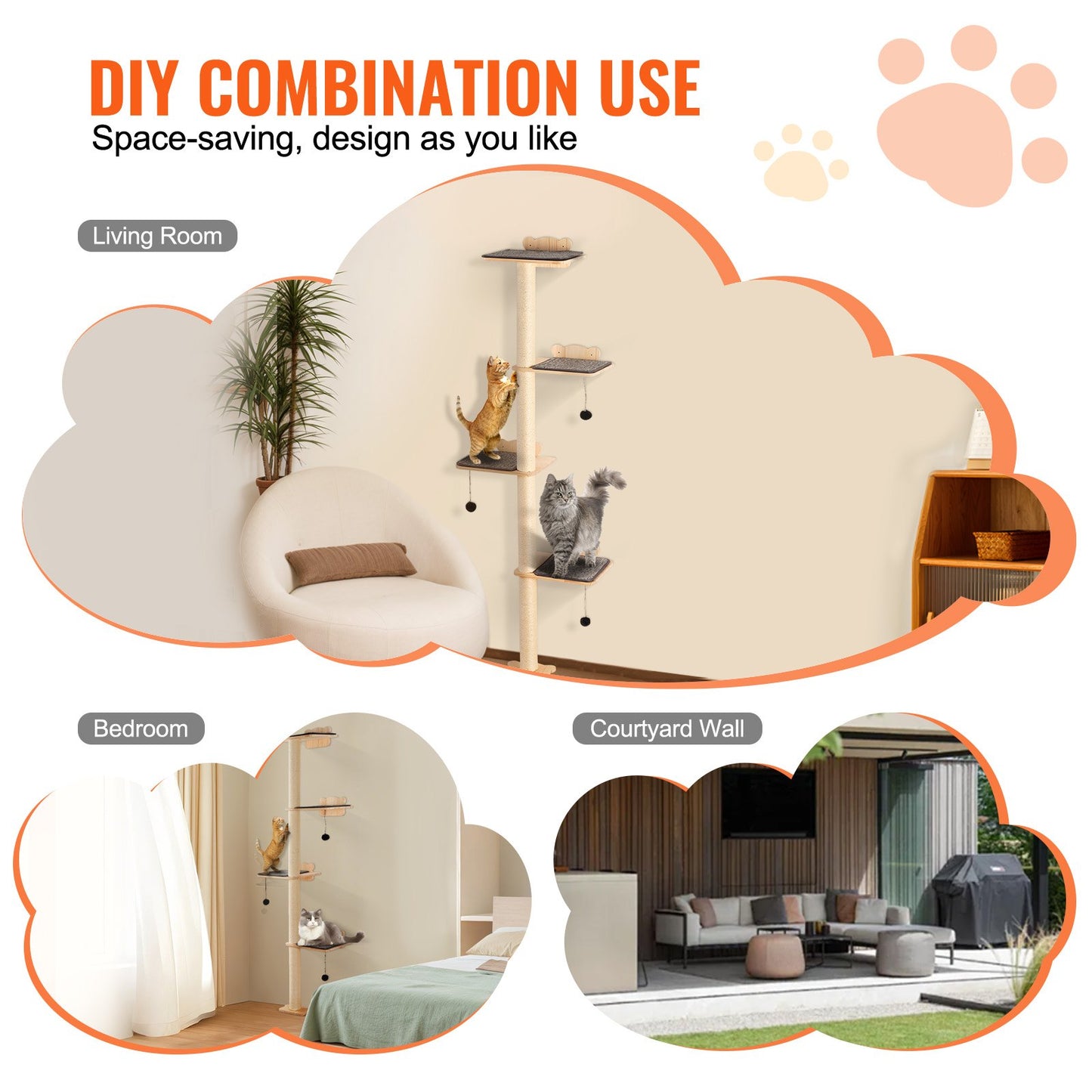 An der Wand montierter Katzenregalbaum mit Plattform, baumförmiges Katzenmöbel