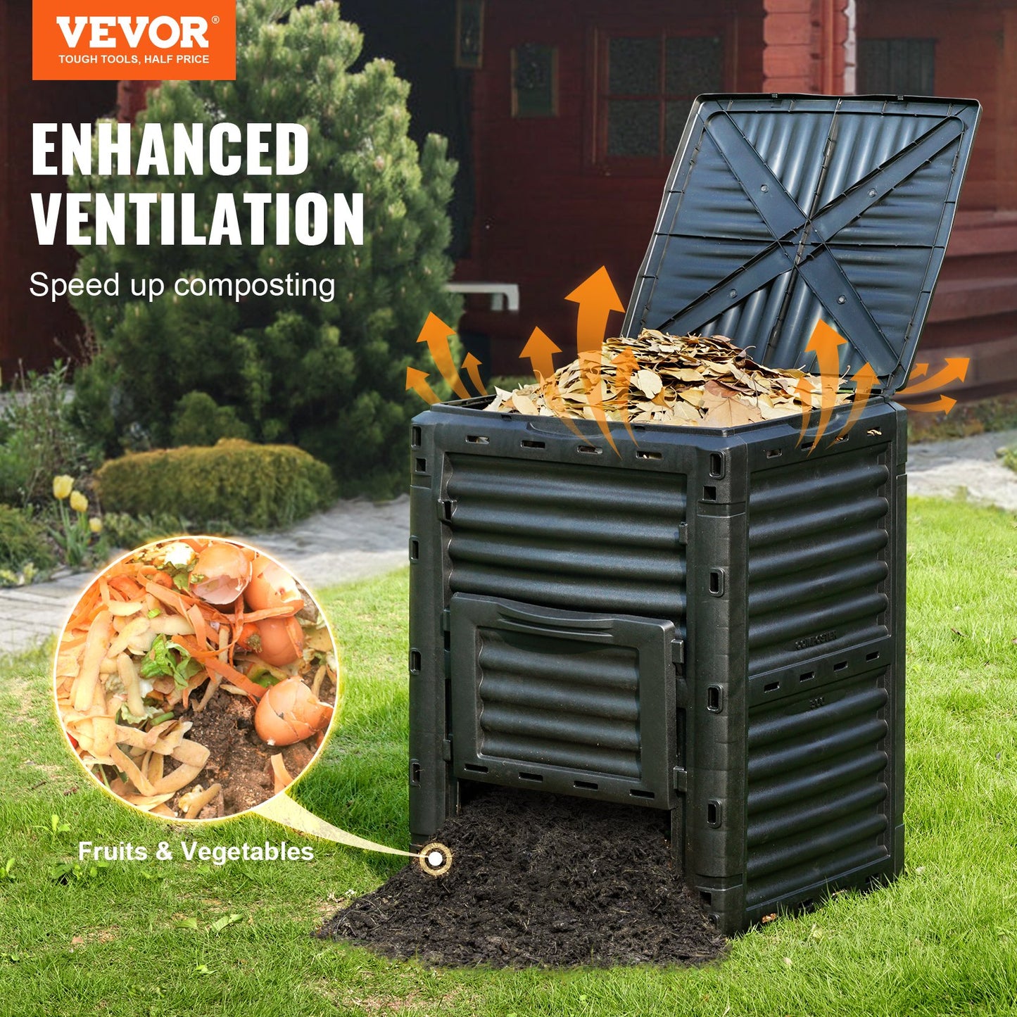Garden Compost Bin 80 Gal, BPA-fri komposter, stor kapacitet utomhuskomposteringsbehållare med topplock och bottendörr, enkel montering, lätt, snabbt skapande av bördig jord