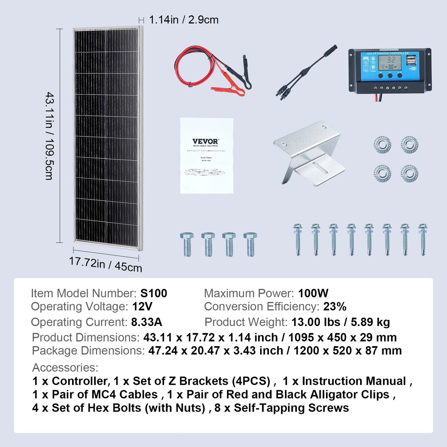 100W monokristallin solpanelsats 12V solpanel och laddningskontroll