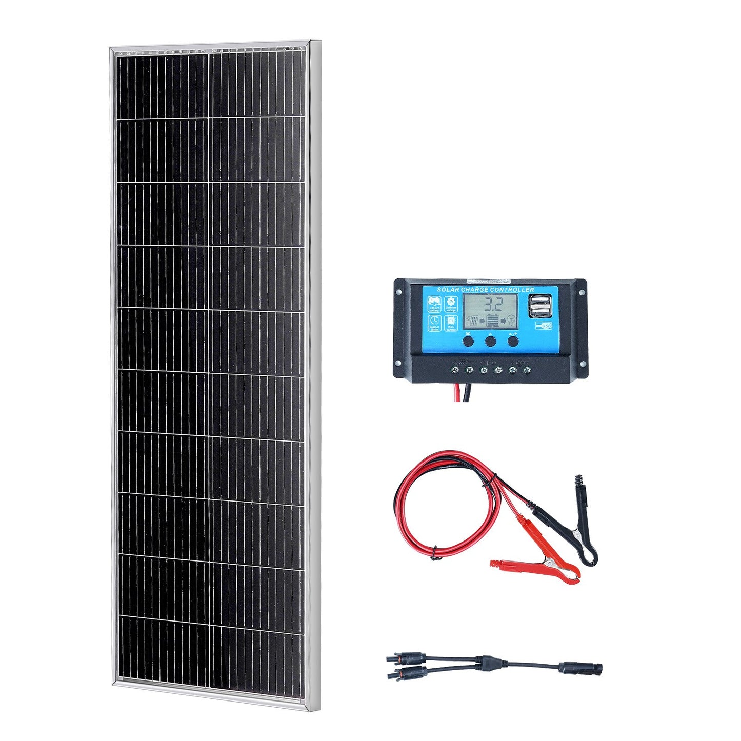 100W monokristallin solpanelsats 12V solpanel och laddningskontroll