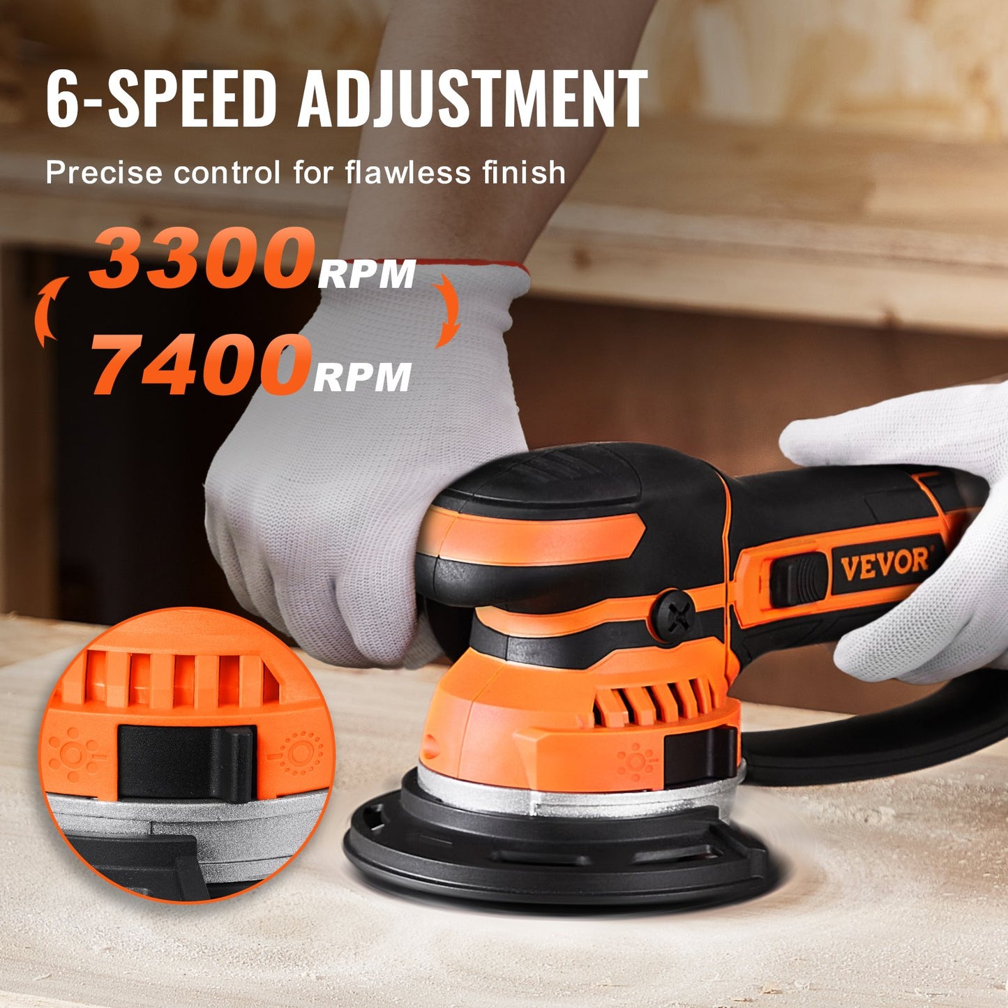 Random Orbital Sander 6'' Dual-Action Sander 10 PCS Sandpaper 6 Speeds