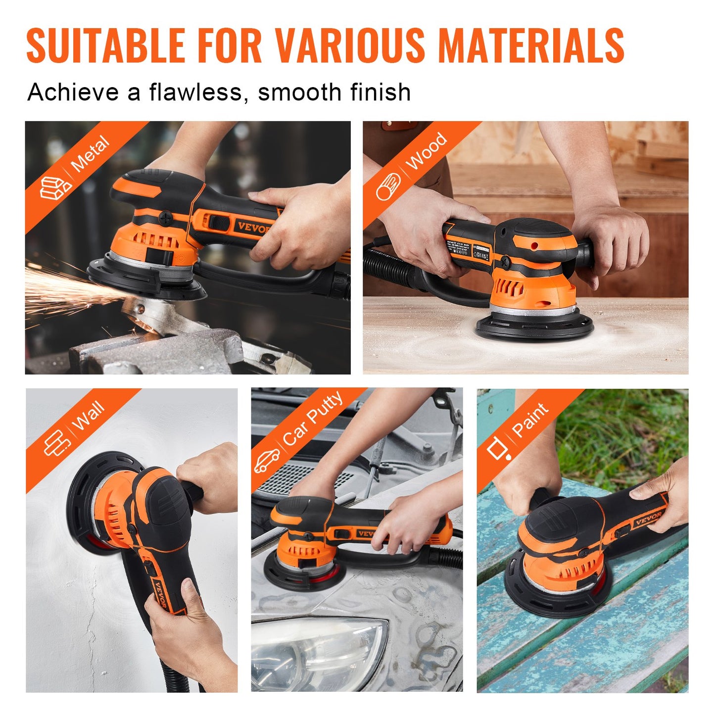 Random Orbital Sander 6'' Dual-Action Sander 10 PCS Sandpaper 6 Speeds
