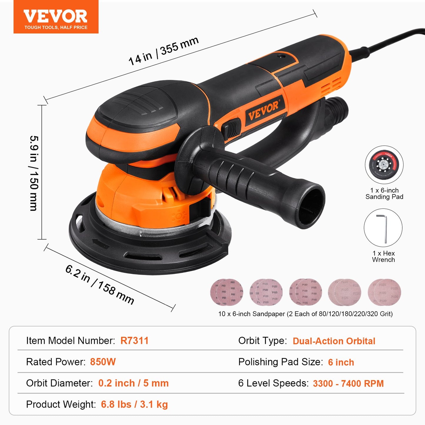Random Orbital Sander 6'' Dual-Action Sander 10 PCS Sandpaper 6 Speeds