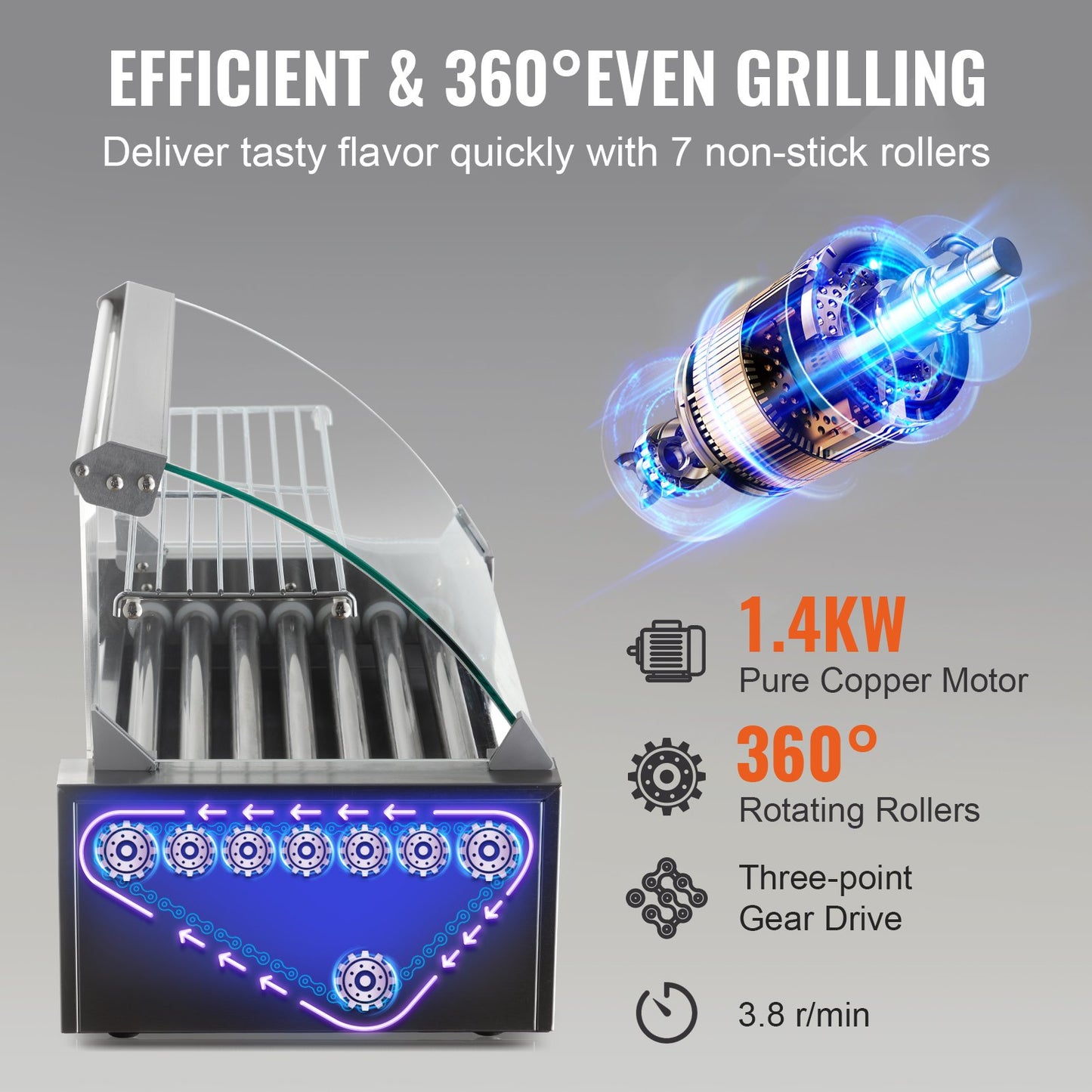 Electric 18 Hot Dog 7 Roller Grill Spismaskin Backsplash & Hylla 1,4KW