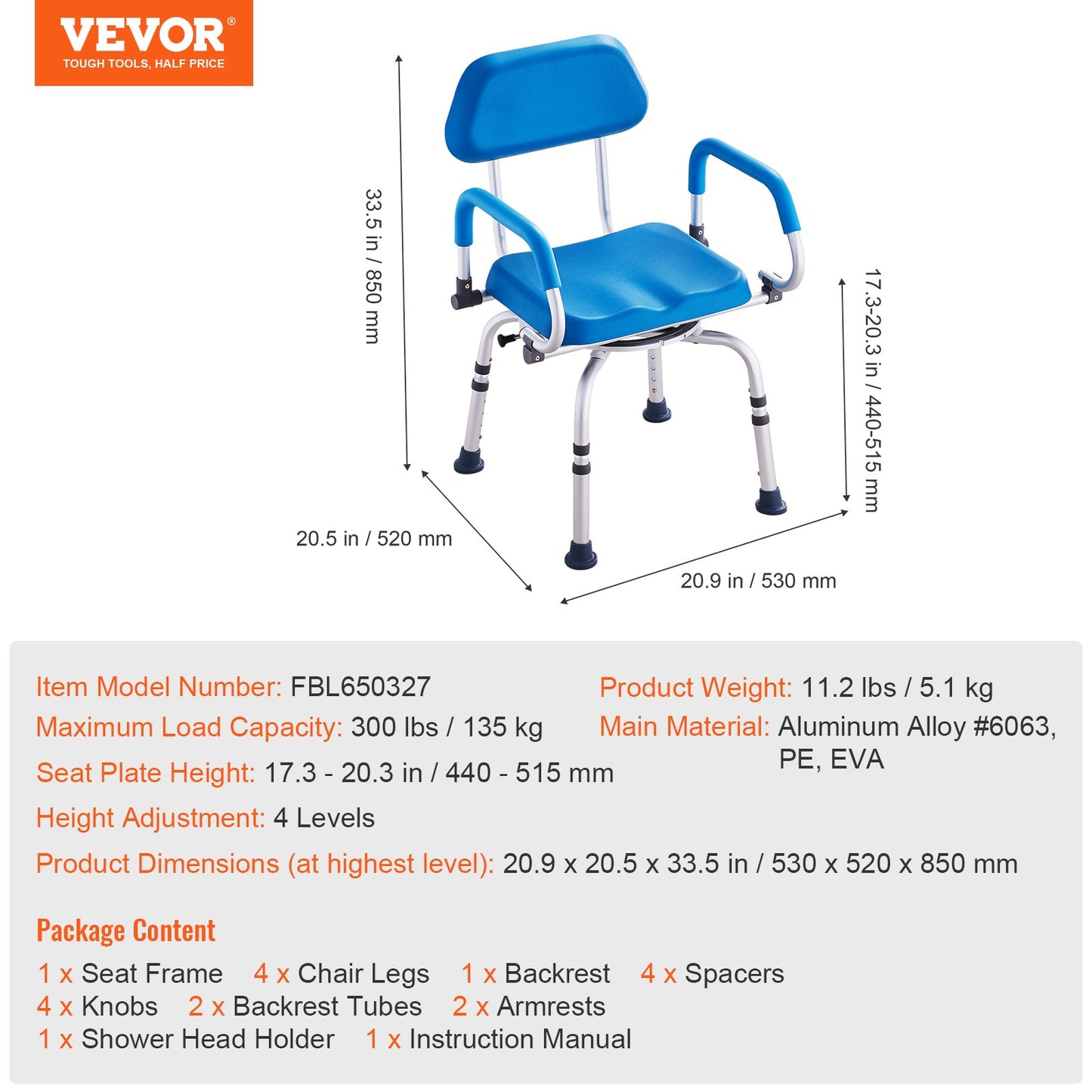 Duschstol 360° vridbar duschsits & svängbara armar Vadderat säte 300LBS