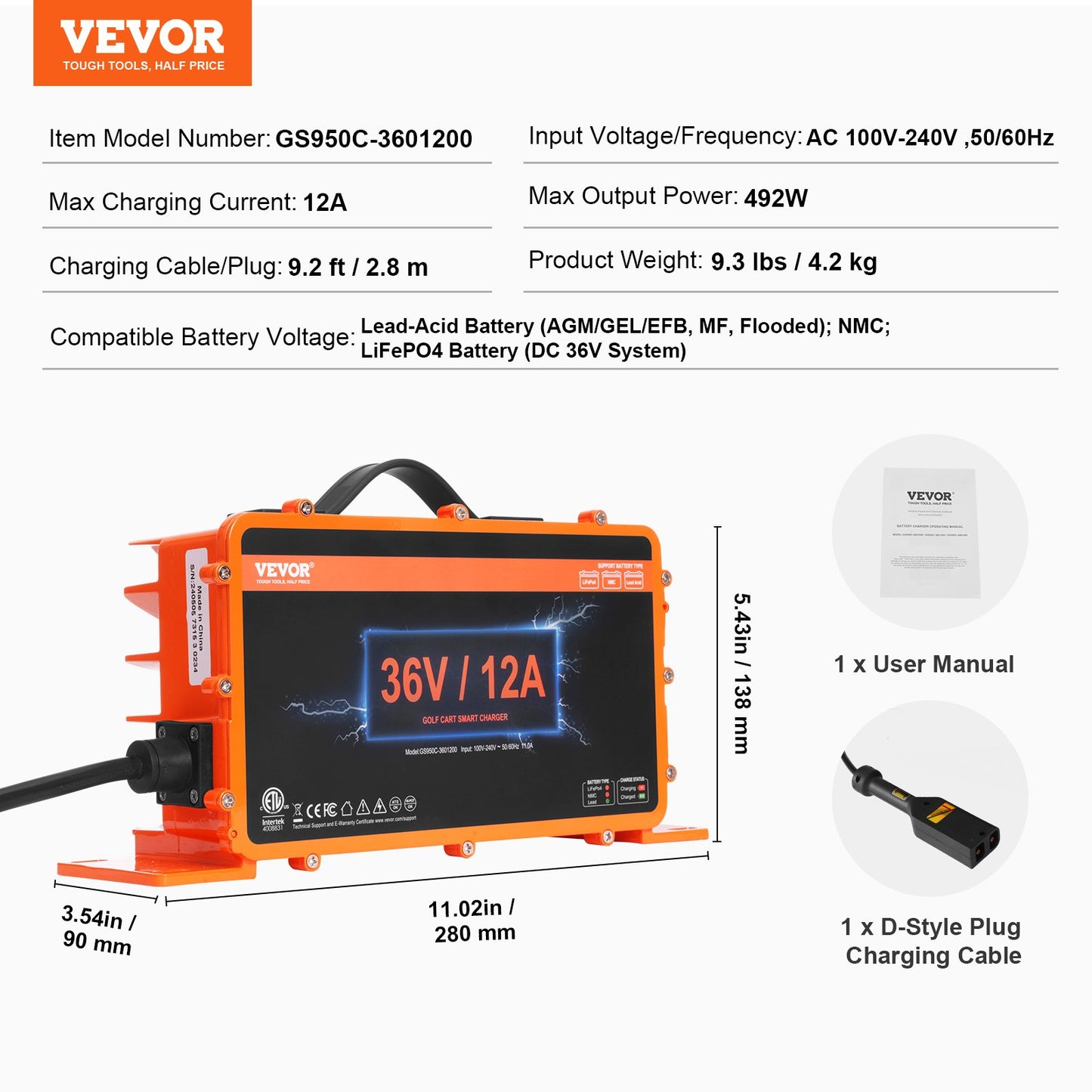 36 Volt 12 AMP Golfvagn Smart batteriladdare för EZGO D-Style IP67 ETL