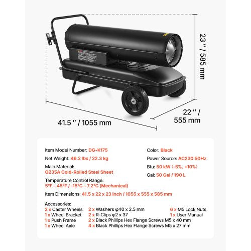50kW varmluftsdriven fotogendieselvärmare, bärbar torpedvärmare med hjul och justerbar temperatur, fläkttyp för arbetsplats/garage/lager/verkstad/bygg/utomhusvärme, svart | EU