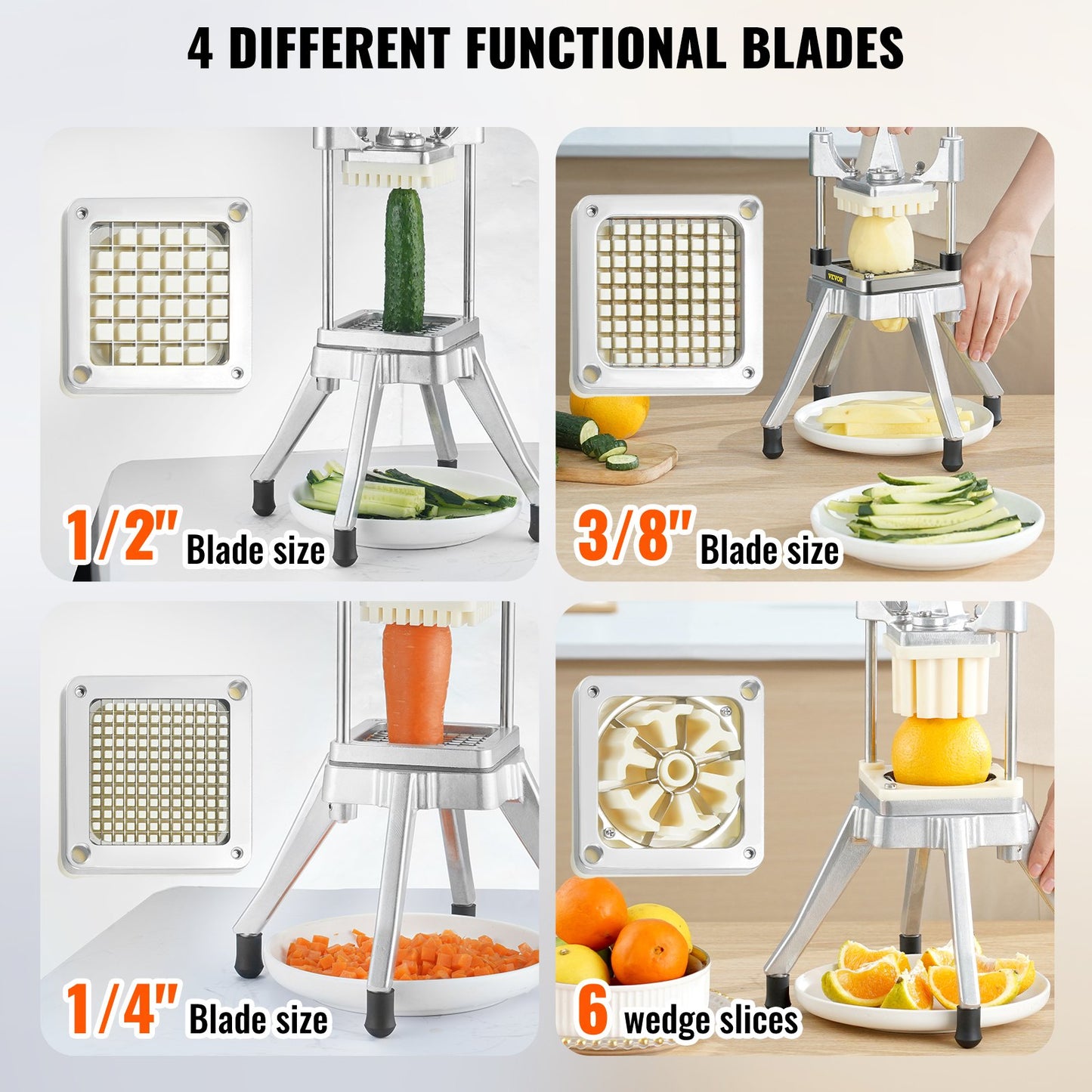 Kommerzieller Gemüseschneider, Pommes-Frites-Schneider aus Edelstahl mit 4 Klingen 1/4" 3/8" 1/2", 6-Schnitt-Zerkleinerer, Zerkleinerer mit Ablage, Hochleistungsschneider für Kartoffeln, Tomaten, Zwiebeln und Pilze