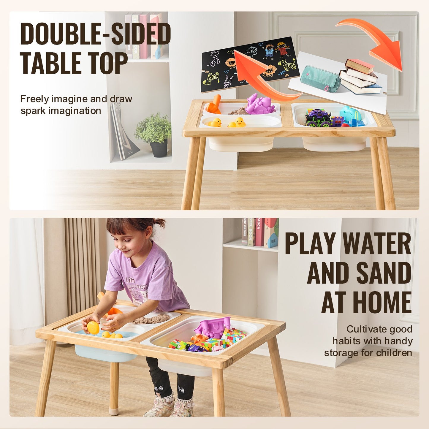 Kids Sensory Table Indoor Wooden Play Sand Water Table with 3 Storage Compartments