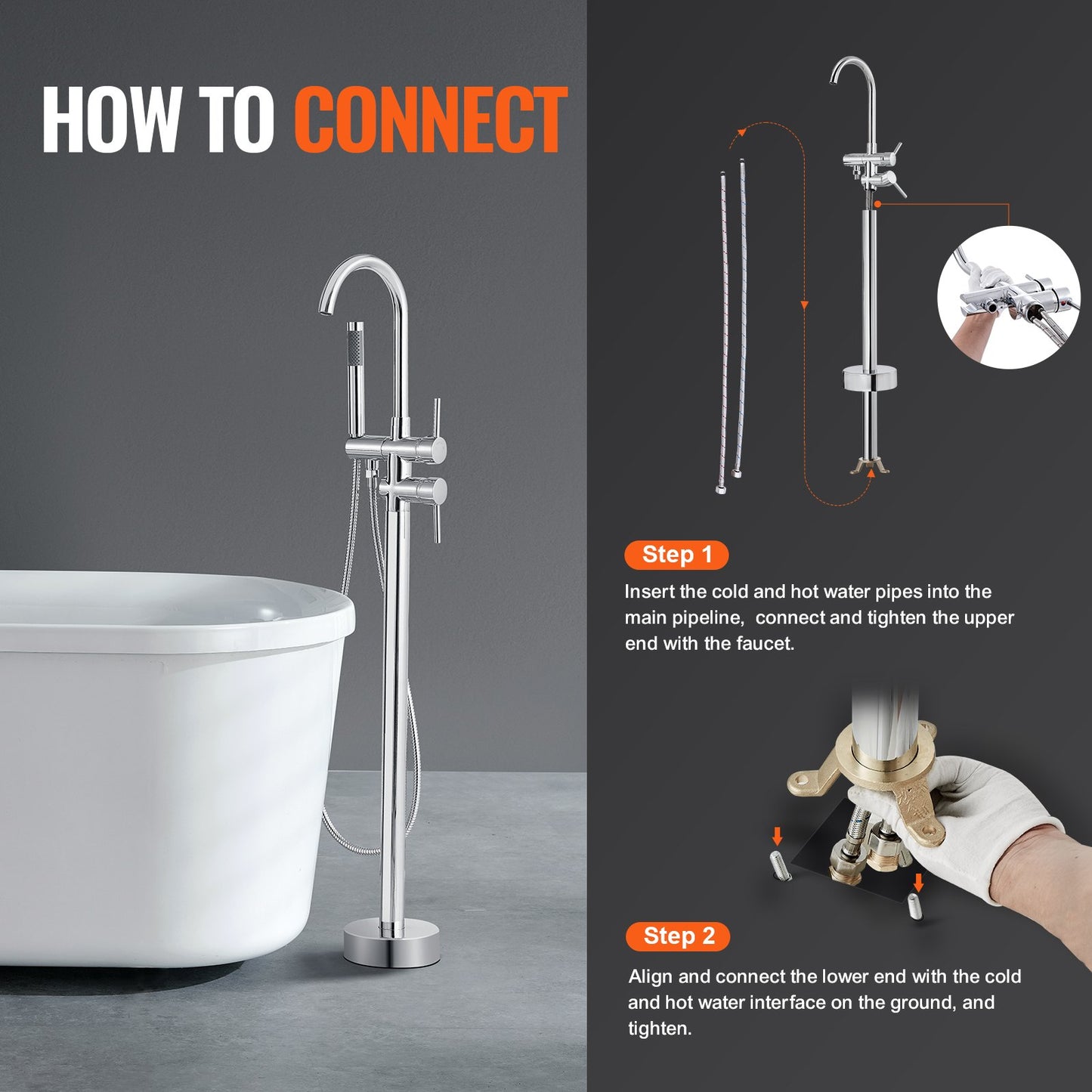 Freestanding bathtub faucet, floor mounting, freestanding bathtub filling, shower mixer, two water settings, 360° rotatable spout, for bath and shower Pet bath Drain cleaning Toilet flushing