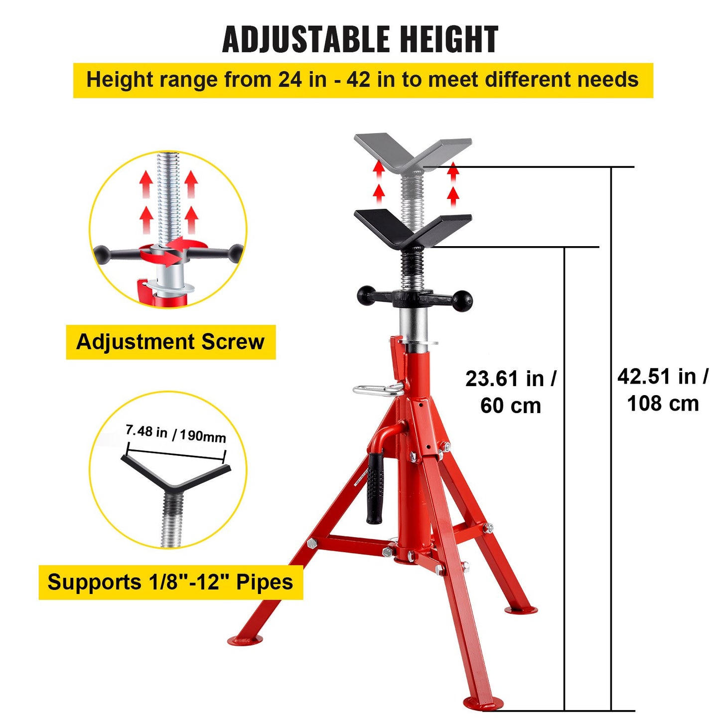 V Head Pipe Stand 1/8"-12" Kapacitet, Justerbar höjd 24"-42", Pipe Jack Stands 2500 lb. Belastningskapacitet, Portabla hopfällbara rörstativ, Kolstålkropp Mer hållbart