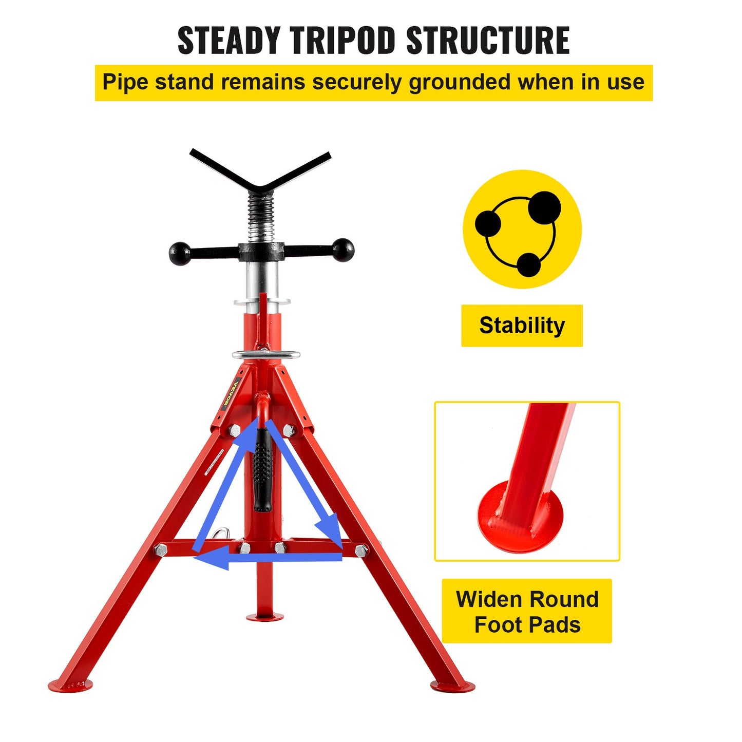 V Head Pipe Stand 1/8"-12" Kapacitet, Justerbar höjd 24"-42", Pipe Jack Stands 2500 lb. Belastningskapacitet, Portabla hopfällbara rörstativ, Kolstålkropp Mer hållbart