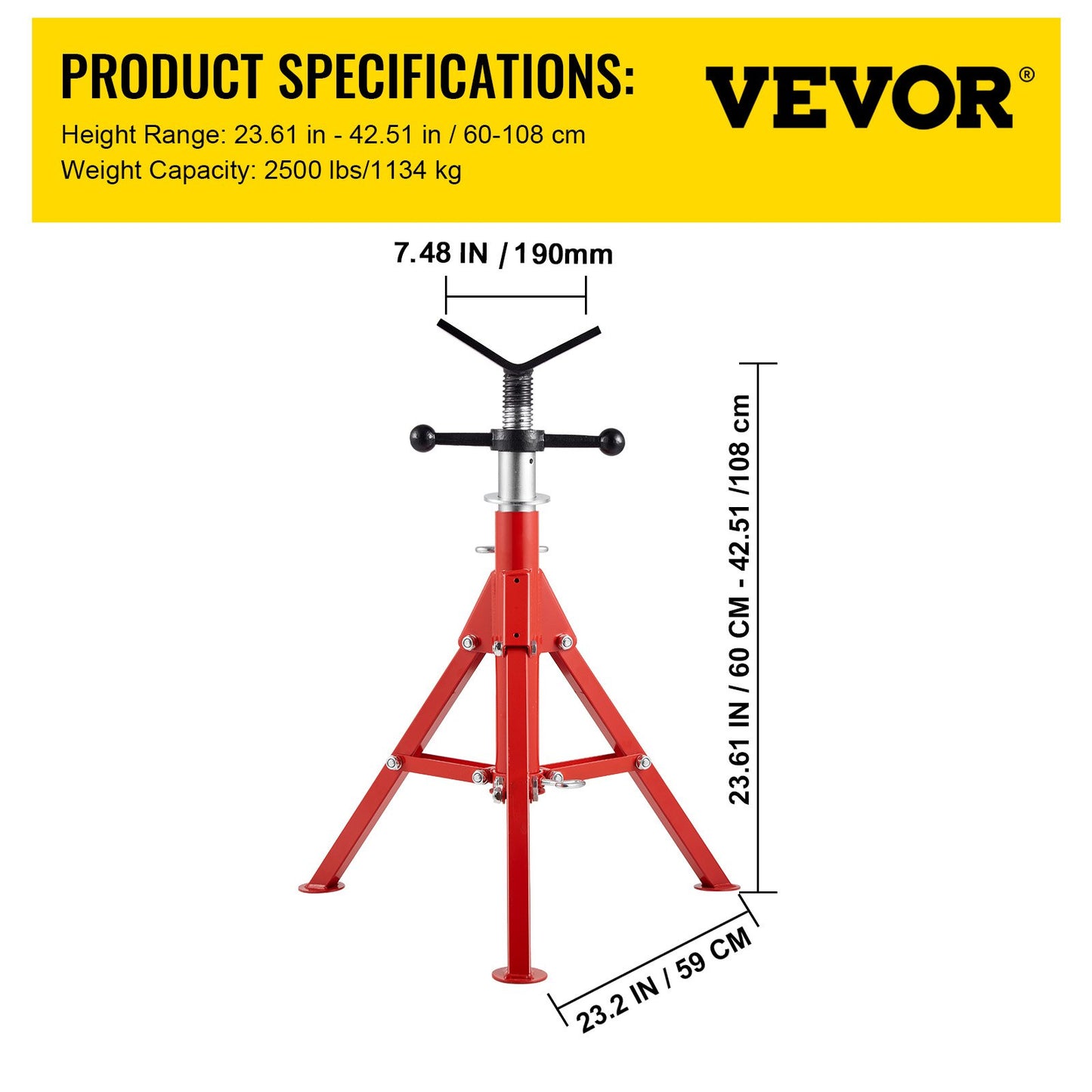V Head Pipe Stand 1/8"-12" Kapacitet, Justerbar höjd 24"-42", Pipe Jack Stands 2500 lb. Belastningskapacitet, Portabla hopfällbara rörstativ, Kolstålkropp Mer hållbart