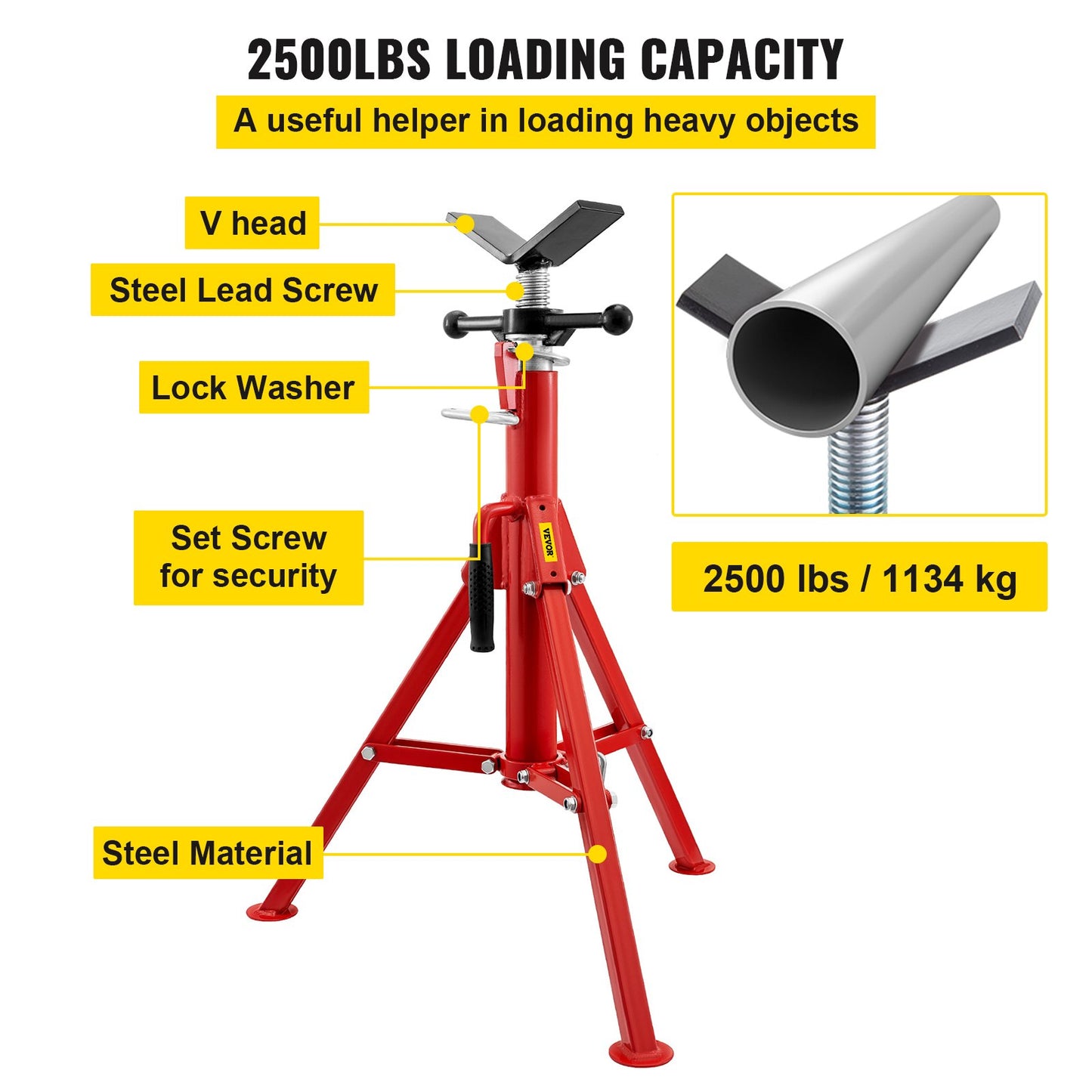 V Head Pipe Stand 1/8\"-12\" Capacity, Adjustable Height 28\"-52", Pipe Jack Stand 2500 lb. Load Capacity, Portable Collapsible Pipe Stands, Carbon Steel Body More Durable
