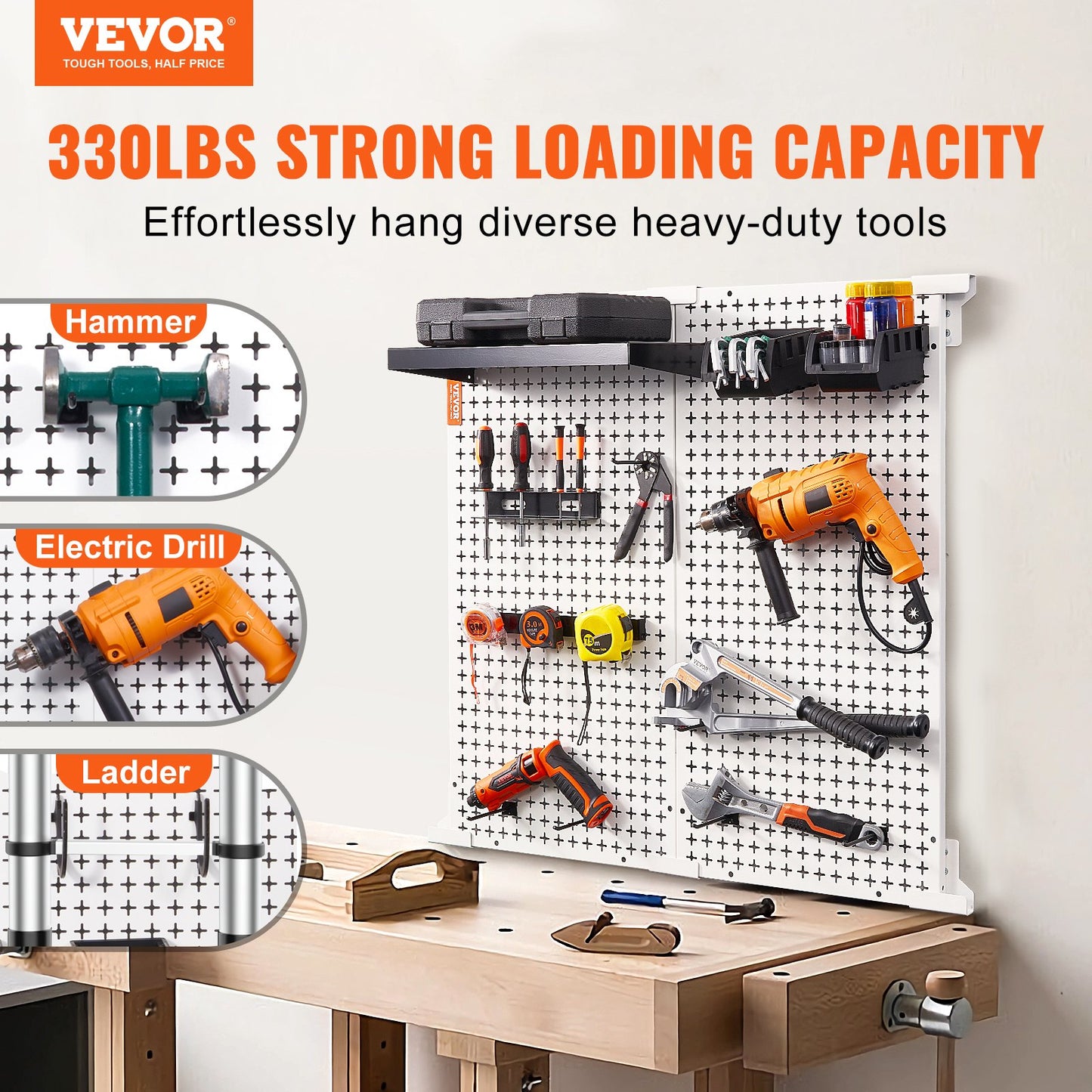 Pegboard-Wand-Organizer 32" x 32", 330 Pfund Tragkraft, Garagen-Pegboard-Organizer aus Metall, Wandhalterung, 25-teilig. Werkzeug-Aufbewahrungsset mit 2 Pegboards, Haken, Lagerbehältern, Regalgestell für Lager, Garage, Geschäft