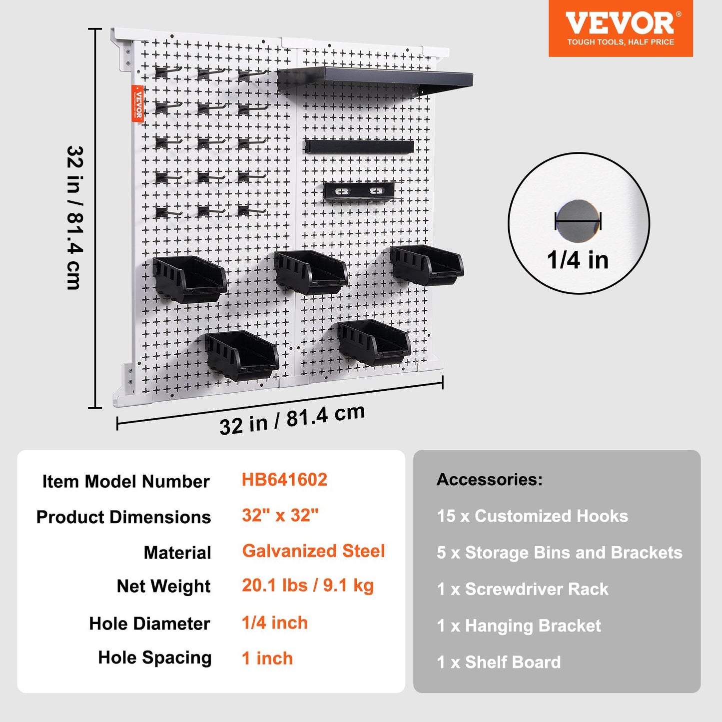 Pegboard-Wand-Organizer 32" x 32", 330 Pfund Tragkraft, Garagen-Pegboard-Organizer aus Metall, Wandhalterung, 25-teilig. Werkzeug-Aufbewahrungsset mit 2 Pegboards, Haken, Lagerbehältern, Regalgestell für Lager, Garage, Geschäft