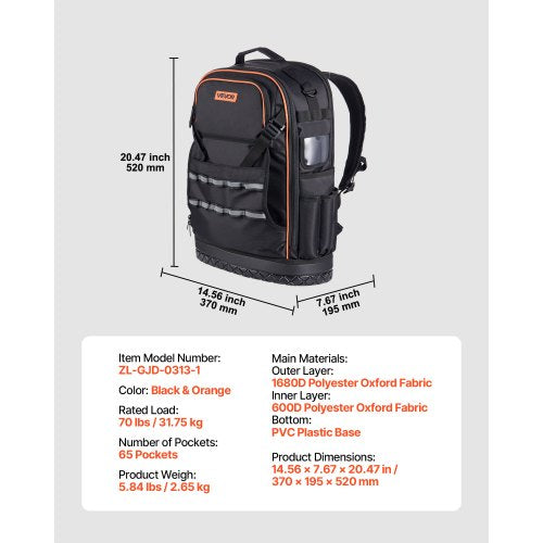 Verktygsryggsäck 65 Fickor Rivtålig Arbetsplatsryggsäck för Elektriker