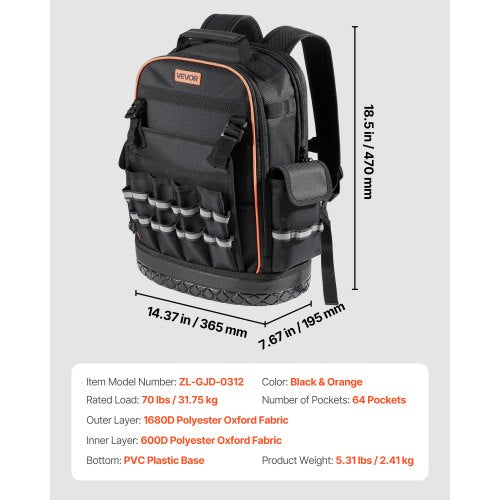 Verktygsryggsäck 64 Fickor Rivtålig Arbetsplatsryggsäck för Elektriker