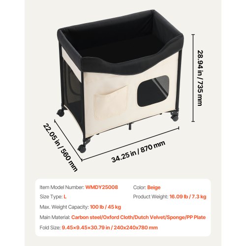 Elevated Lounge Pet Bed Hopfällbar våningssäng för hundar med hjul och sidoväskor L | EU