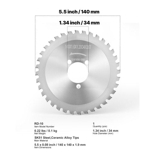 armeringsskärblad ersätter elektrisk armeringssåg, 36 tänder höghård värmebehandlat stål med cermetspets, snabb jämn för aluminium, kopparrör, spindel 34 mm/1-11/32 tum | EU