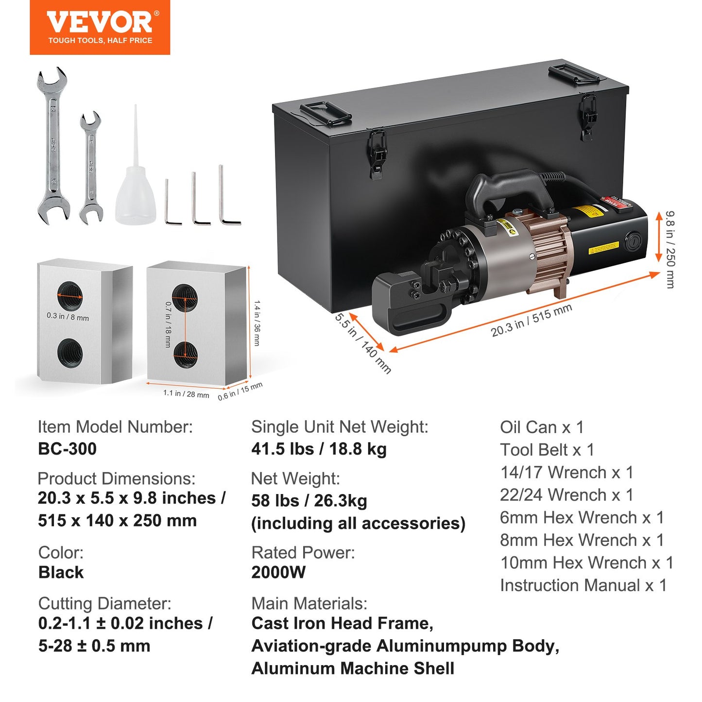 2000W elektrisk hydraulisk armeringsskär som skär upp till 1,1 tum 5-28 mm