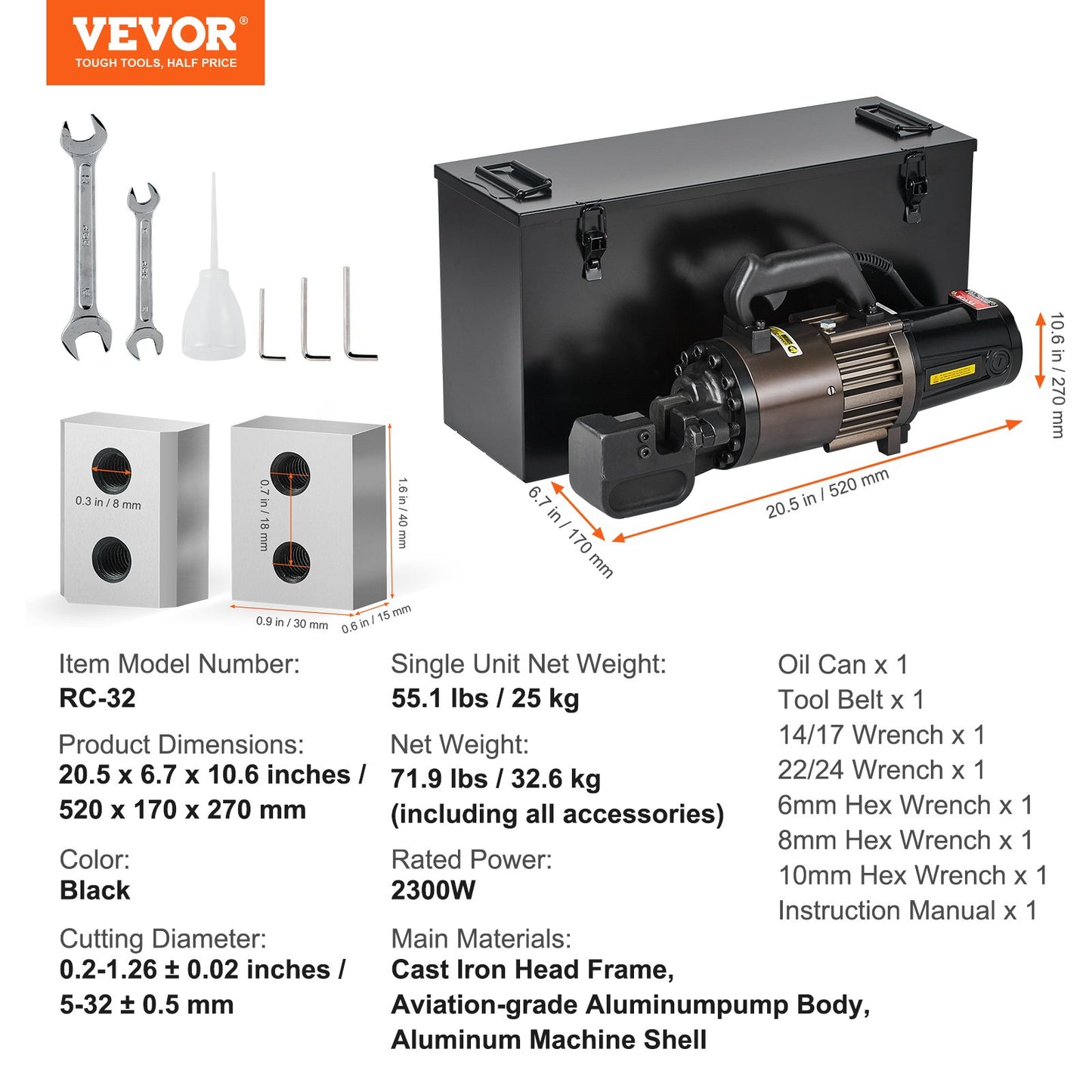 2300W elektrisk hydraulisk armeringsskär som skär upp till 1,26 tum 5-32 mm
