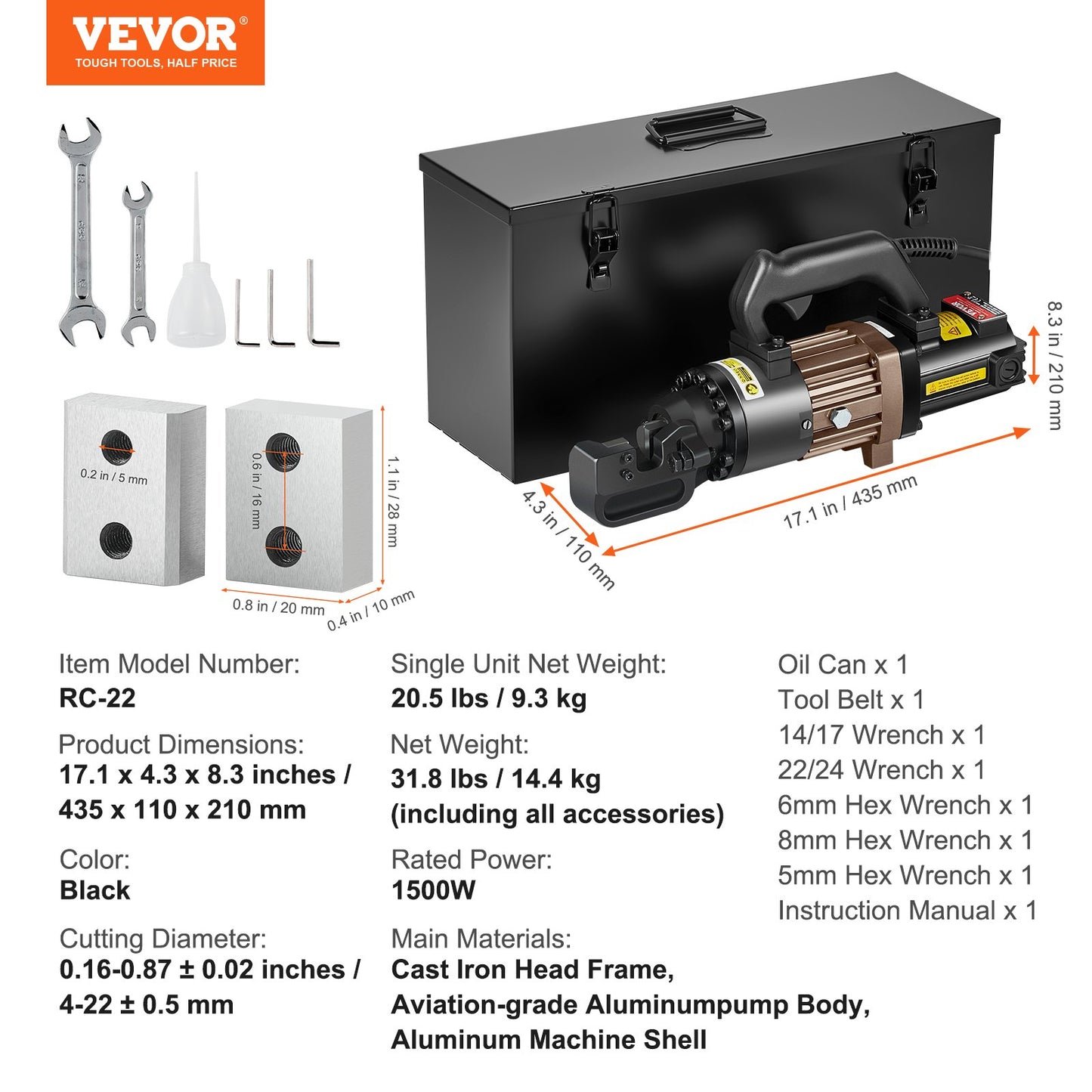 1500W elektrisk hydraulisk armeringsskärare skär upp till 7/8 tum #7 4-22 mm