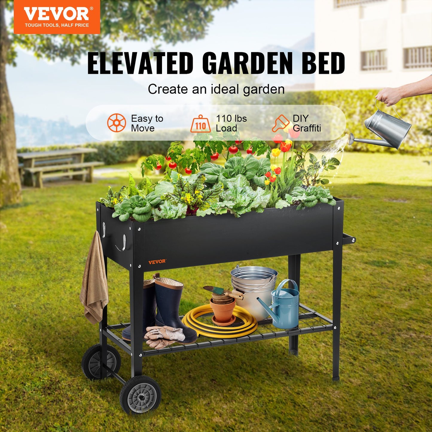 Raised Garden Bed, 42.5 x 19.5 x 31.5 Inch Galvanized Metal Planter Box, Elevated Outdoor Planter Boxes with Legs, for Growing Flowers/Vegetables/Herbs in Backyard/Garden/Patio/Balcony, Black