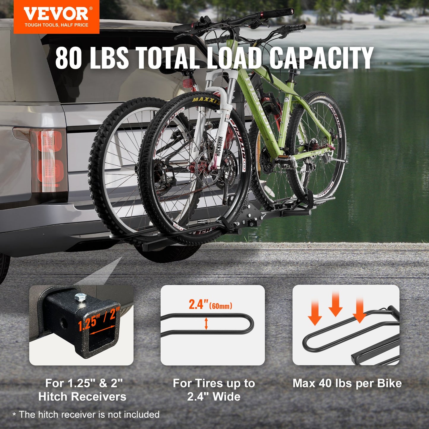 Hitch Mount Bike Rack, 2-Bike Platform Style, 80 LBS Max Capacity Bike Rack Hitch for 1.25-/2-Inch Receiver, Titling and Folding Bike Rack with Tires up to 2.4" Wide, for Car, SUV, Truck, RV, Rectangular Interface