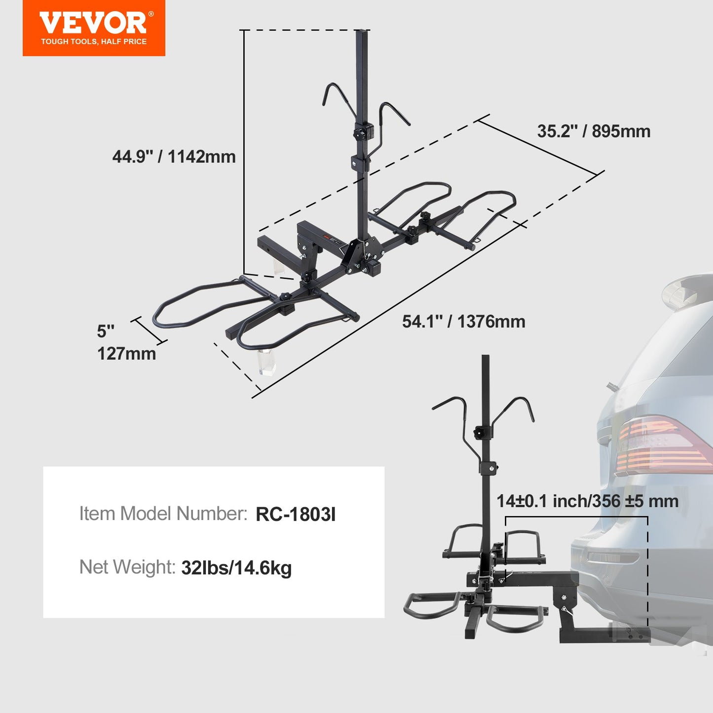 Hitch Mount Bike Rack, 2-Bike Platform Style, 160 LBS Max Capacity Bike Rack Hitch for 2-Inch Receiver, Titling and Folding Bike Rack with Tires Up to 5" Wide, for Car, SUV, Truck, RV, Rectangular Interface