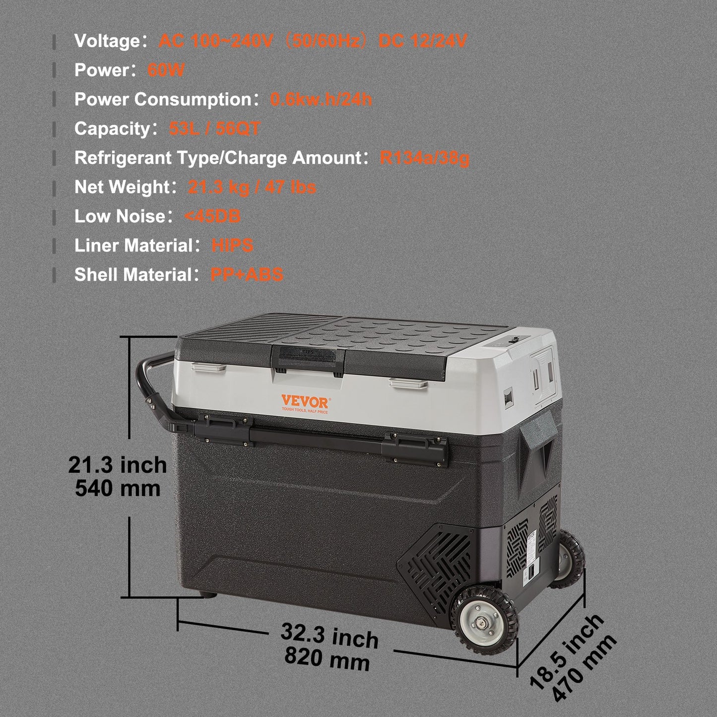 Tragbarer Auto-Kühlschrank mit Gefrierfach, Kompressor, 56 Qt, Dual Zone, für Wohnmobil