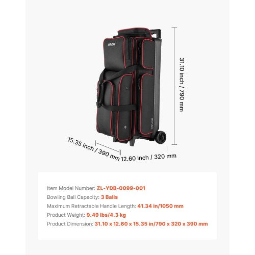 Bowlingtasche für 3 Bälle mit Rollen, Bowlingtasche mit Doppelrollen, Schuhfach