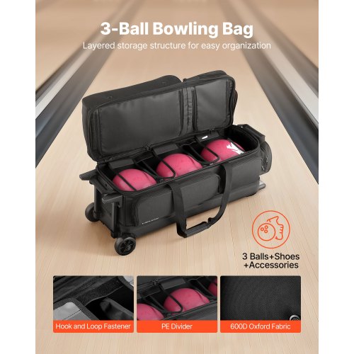 Bowlingväska för 3 bollar med hjul, bowlingväska med dubbla rullar, skofack