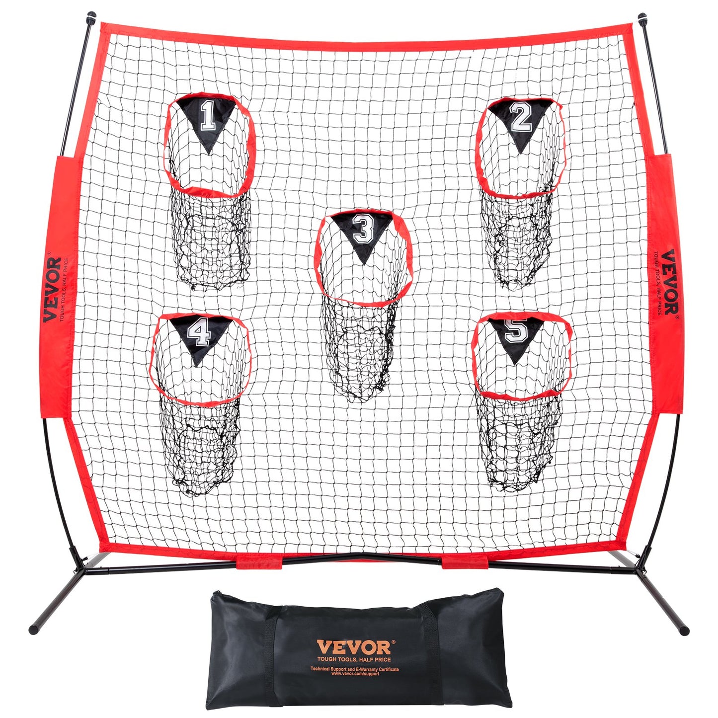 7 x 7 ft Football-Trainer-Wurfnetz, Trainings-Wurftor-Trainingsnetz mit 5 Tortaschen, knotenloses Netz inklusive Korbrahmen und tragbarer Tasche, verbessert die Wurfgenauigkeit des Quarterbacks, rot
