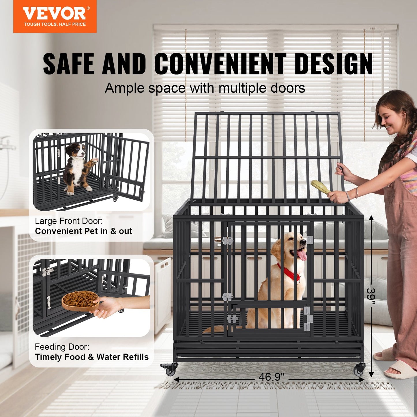 47 Inch Heavy Duty Dog Crate, Indestructible Dog Crate, 3-Door Heavy Duty Dog Crate for Medium to Large Dogs with Lockable Wheels and Removable Tray, High Anxiety Dog Crate for Indoors and Outdoors