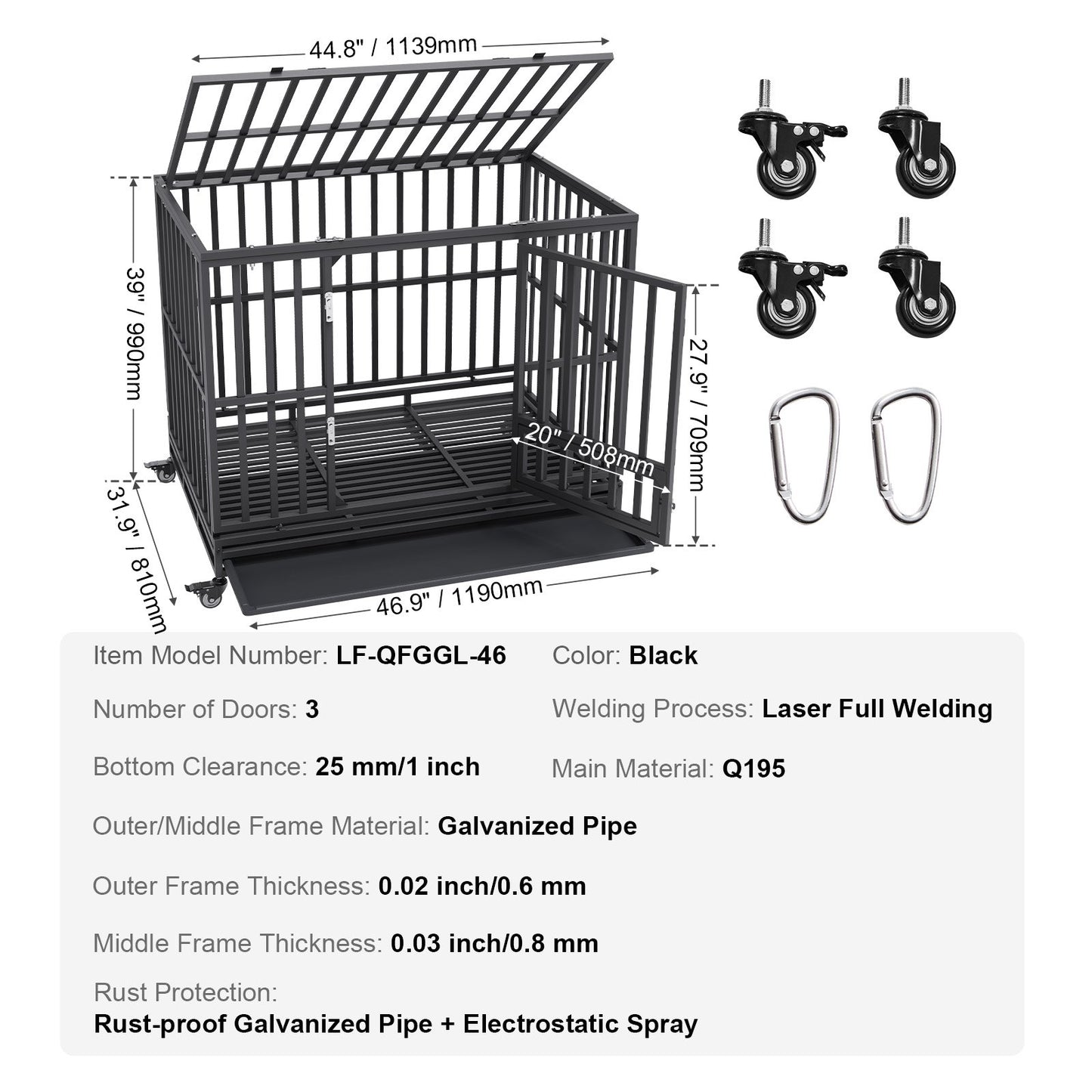 47 Inch Heavy Duty Dog Crate, Indestructible Dog Crate, 3-Door Heavy Duty Dog Crate for Medium to Large Dogs with Lockable Wheels and Removable Tray, High Anxiety Dog Crate for Indoors and Outdoors